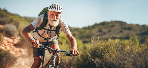 An elderly mountain biker who skilfully negotiates a rugged stretch of trail..