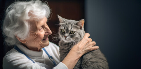An elderly woman and her cat bonded in a heartwarming domestic setting.