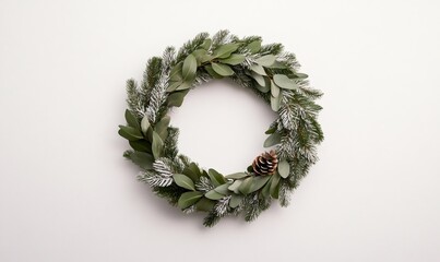 Beautiful christmas wreath with pine branches, eucalyptus leaves and pine cone on white background, creating a festive atmosphere
