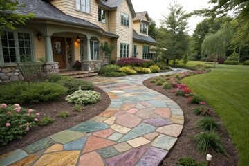 Obraz premium Beautiful Garden Pathway Leading to a Charming Yellow House in Summer