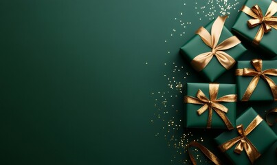 Elegant christmas gifts with golden bows on green background with golden confetti creating festive atmosphere