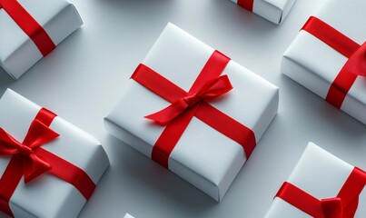 Festive white gift boxes tied with vibrant red ribbons create a cheerful holiday atmosphere, perfect for christmas or new year celebrations