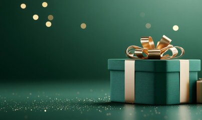 Green gift box with golden ribbon and bow on sparkling green background, perfect for christmas or new year celebrations