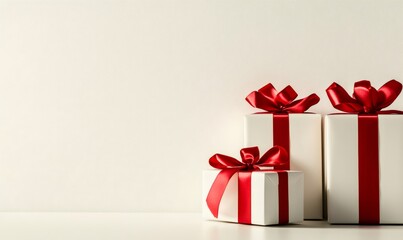 White gift boxes with red ribbons are waiting to be opened for christmas or new year