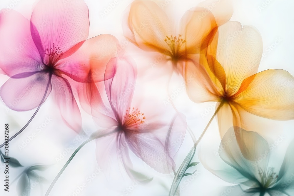 Poster a delicate arrangement of translucent flowers in pastel colors, creating a soft and ethereal visual 