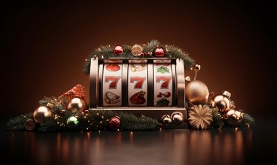 Slot machine jackpot with christmas decoration showing 777, perfect for gambling during winter holidays