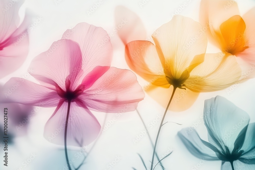 Poster a delicate arrangement of translucent flowers in soft pastel colors, creating a serene and ethereal 