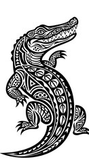 Obraz premium Tribal Crocodile Tattoo Design - Black and White Stylized Alligator Art with Polynesian Patterns
