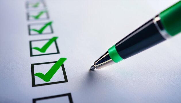 a close up of a pen marking checkboxes on a paper the green ticks symbolize completion and success this image is great for productivity themes and office related content ai