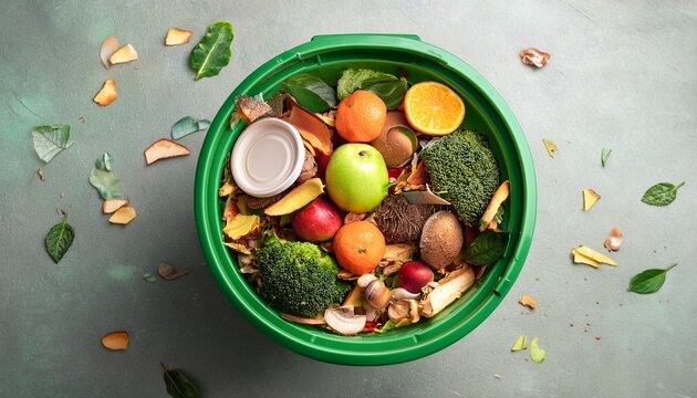 green compost bin and kitchen leftovers recycling scarps sustainable and zero waste lifestyle concept fruits and vegetable garbage waste turning into organic fertilizerd soil top view flatlay