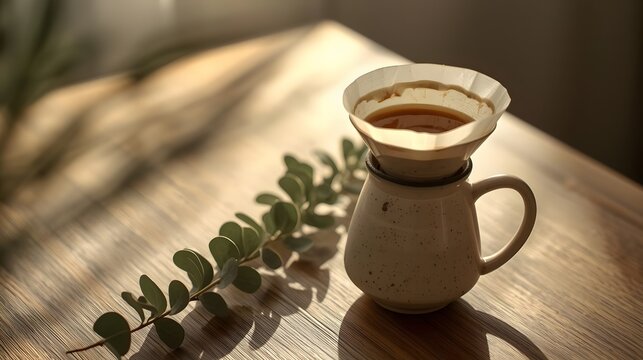Coffee ritual in the golden light: A close-up of a ceramic pour-over coffee setup, bathed in the warm embrace of natural light, inviting you to savor the aroma and taste of a fresh brew.