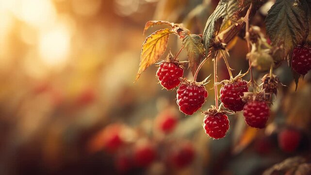 Ripe raspberries on a branch with leaves against a soft warm bokeh background.