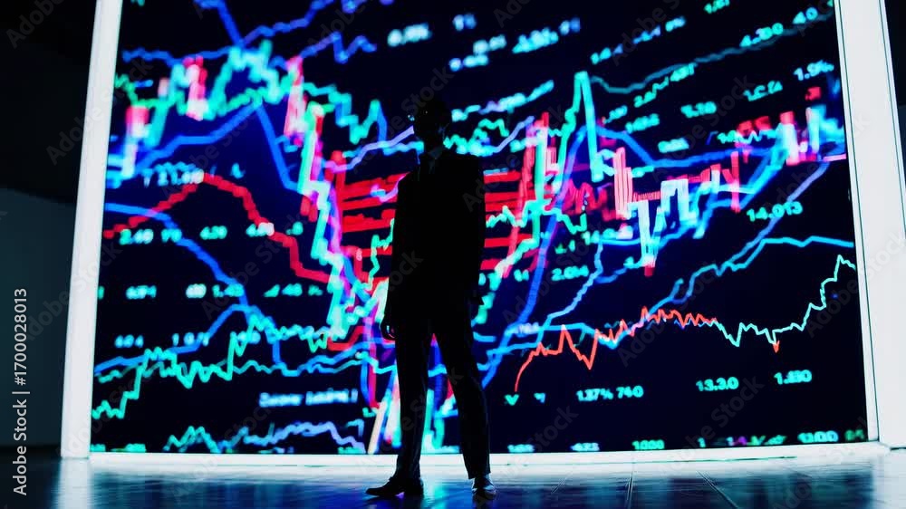 Poster silhouette of a person in front of a large screen displaying dynamic stock charts. low-angle shot, e