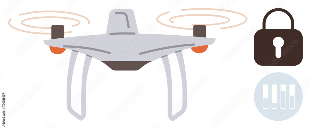 Poster quadcopter hovering with spinning propellers paired with a padlock and data bars, showcasing themes 