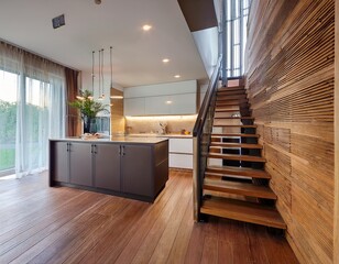 modern home interior with hardwood floors stairs and kitchen view