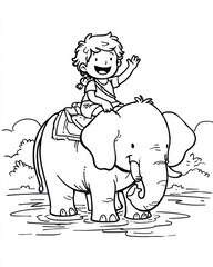 Happy child riding elephant waving hand, cartoon style line drawing for kids coloring book