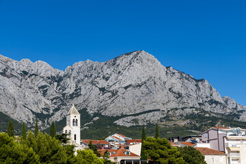 View of the mountains and the city of Baska Voda. Croatia