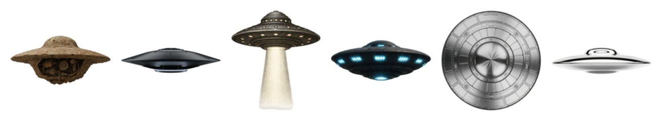 UFO set including antique, futuristic, metallic, ornate, sleek, and classic designs isolated. Science fiction and alien invasion concepts.