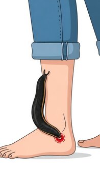 Leech attached to human ankle with inflamed bite mark, vector illustration on white background
