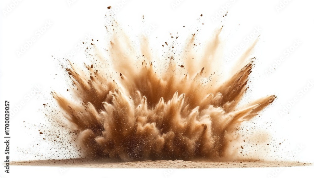 Poster a dynamic explosion of brown dust and particles, creating an energetic and dramatic visual effect ag