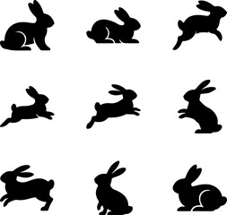 Collection of black rabbit silhouettes transparent png in various poses