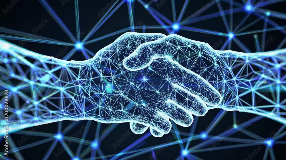 Poster digital handshake with glowing blue network lines, viewed from a side angle. concept of technology a