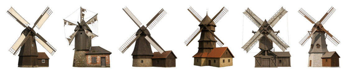 Historic windmill set including wooden, stone, and brick structures with various sails isolated. Rural architecture and traditional energy.
