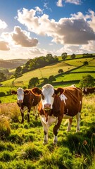Naklejka premium Three cows graze in a sun-drenched, rolling pasture landscape, bathed in golden sunlight and highlighted by a vibrant array of greens and blues.