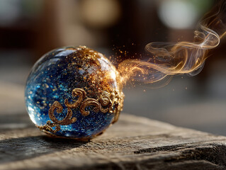 An enchanting and mystical aura surrounds a beautifully crafted glass orb, half sparkling blue and half glistening gold, as it emits magical golden smoke and fiery sparks
