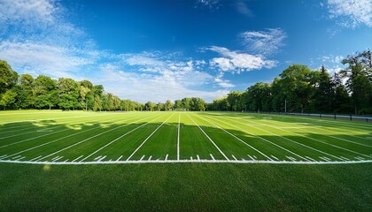 Obraz premium a straight view down the middle of a football field with lush green grass and white marked lines surrounded by trees and bathed in a clear blue sky with wispy clouds