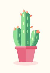 Vector illustration of tall cactus plant with multiple branches in pink pot, flat cartoon style