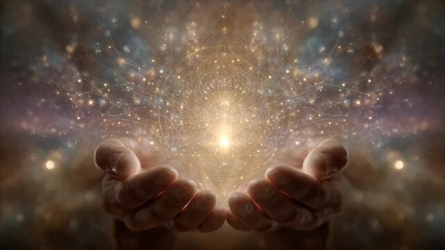 Glowing energy sphere in cupped hands, magical cosmic lighting, spiritual healing and meditation