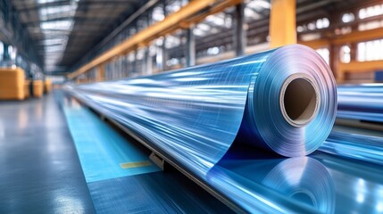 Fototapeta premium Unwinding Protective Foil Wrap Reveals Underlying Metallic Machinery at the Installation Site