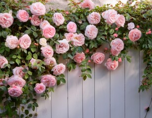 pastel pink roses cascading over a wall