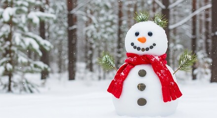 Obraz premium Whimsical snowman in snowy winter forest scene during snowfall