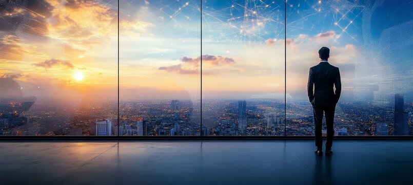 Fototapeta Ambitious Entrepreneur Contemplating a Futuristic Cityscape, Vision of Corporate Success Ahead