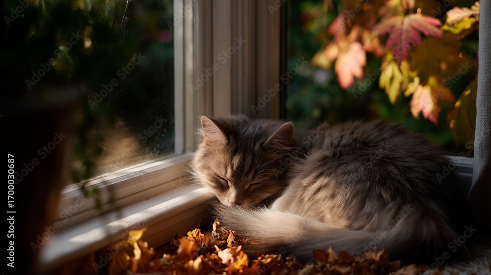 Poster cozy cat resting by the window surrounded by fall leaves in a warm autumn setting