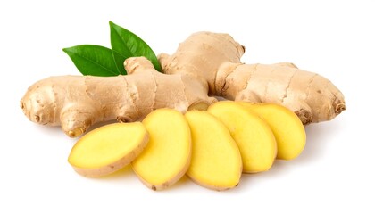 Fresh ginger root and slices on white background (1)