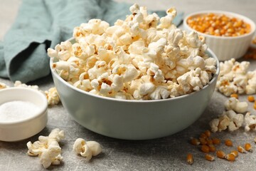 Tasty popcorn and corn kernels on light grey table, closeup