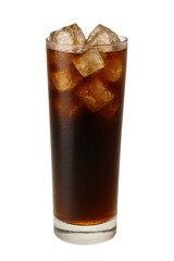 Tall glass of cola with ice cubes with transparent background PNG