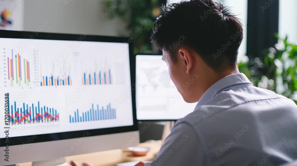 Poster a diligent worker analyzing data on computer screens in a modern office setting.