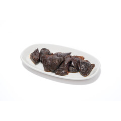 stuffed eggplant served on a long plate. stuffed eggplant. A plate of stuffed eggplant on a white background. stuffed eggplant in Turkish cuisine.
