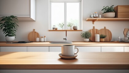 Fototapeta premium minimalist white kitchen interior with a wooden countertop and a coffee cup bright and modern look for a fresh morning feel perfect for home decor and lifestyle themes ai