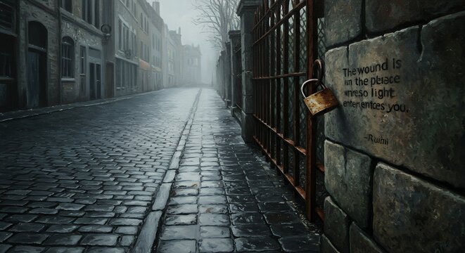 Urban Melancholy: The Rumi Quote on a Cobblestone Street