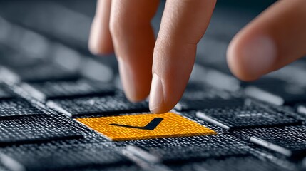 Digital Verification Approval Finger Pressing Checkmark on Orange Button Over Keypad Concept