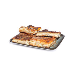 Tray pastry with cheese. Tray pastry on a white background. Sesame pastry.