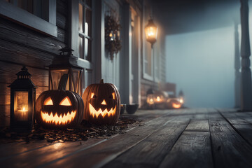 Fototapeta premium Spooky Halloween porch with glowing pumpkins at sunset 