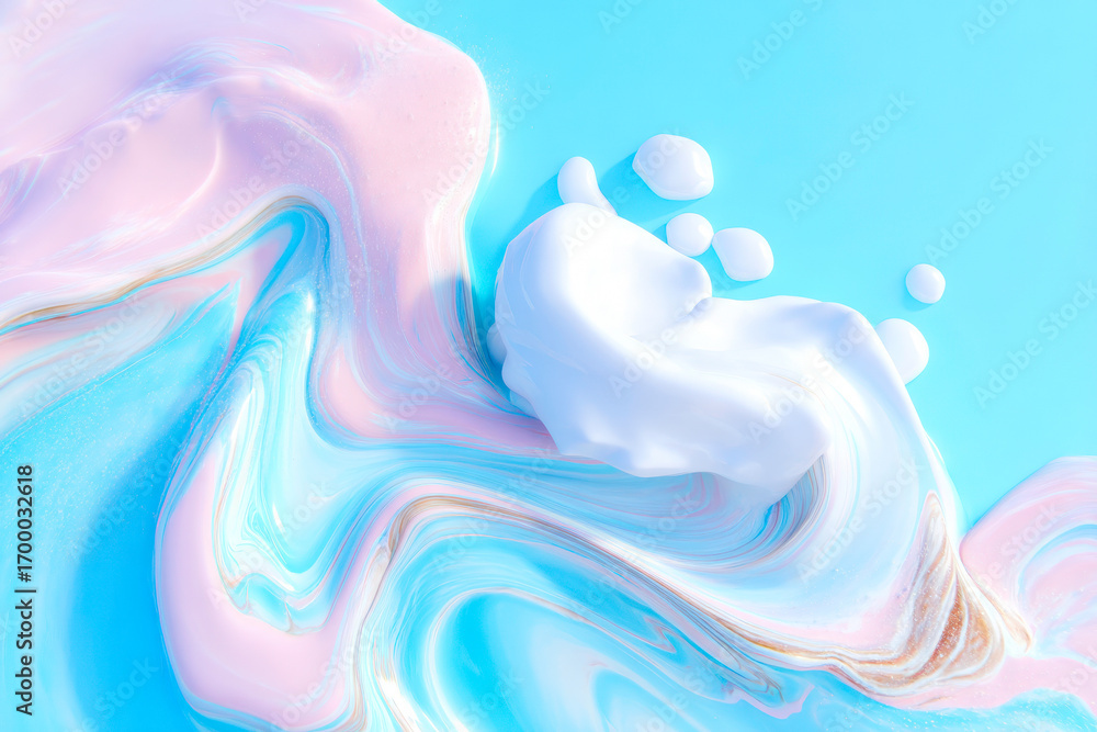Poster a tranquil abstract fluid wave design featuring a serene swirling motion in a crisp cyan and white c