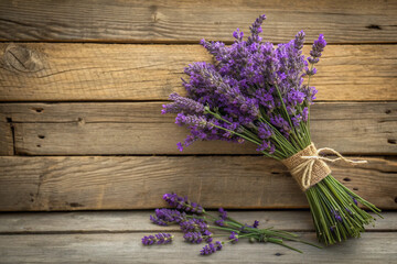 Obraz premium lavender bouquet on rustic wooden background.
