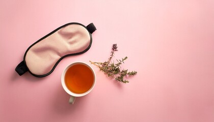sleeping mask and herbal tea on pink pastel background minimal concept of rest quality of sleep good night insomnia relaxation